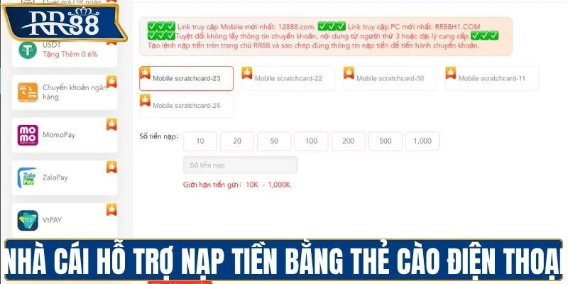 Nhà cái hỗ trợ nạp tiền bằng thẻ cào điện thoại